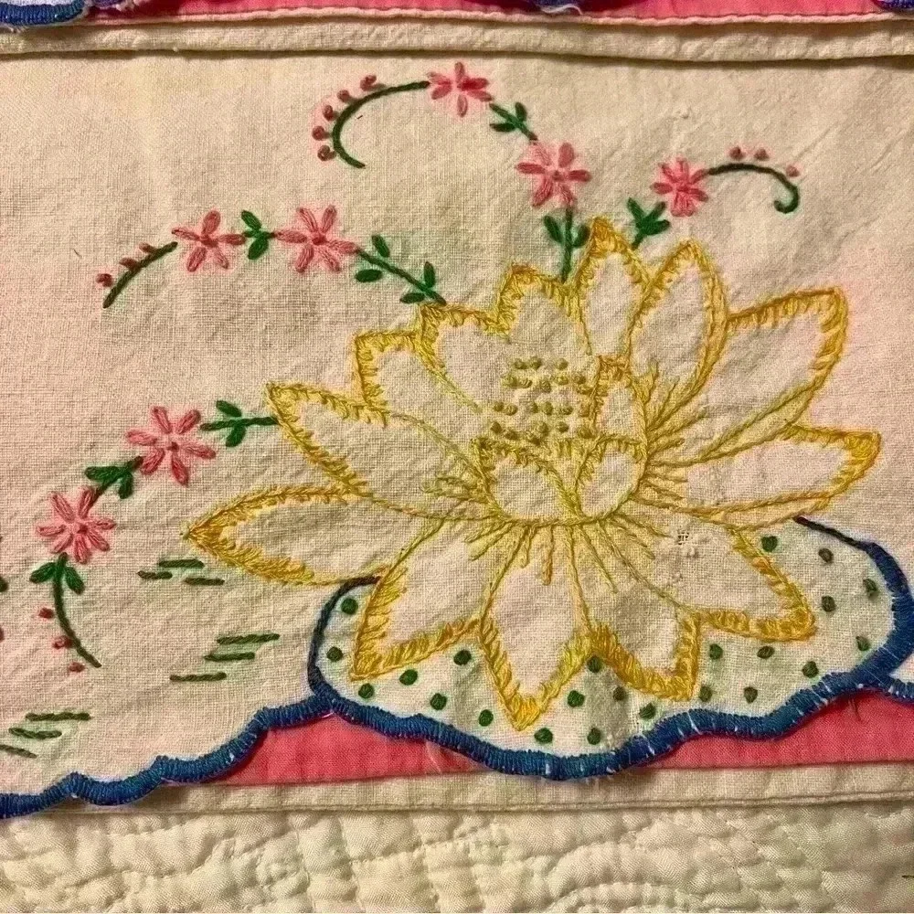 Set of 2 vintage handmade embroidered flour sack pillowcases lotus flower